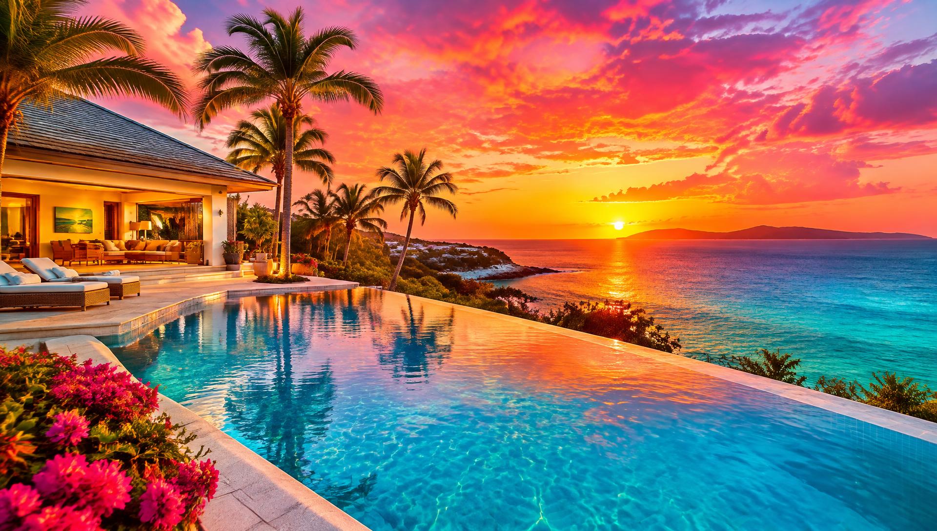 Villa con piscina frente al mar al atardecer